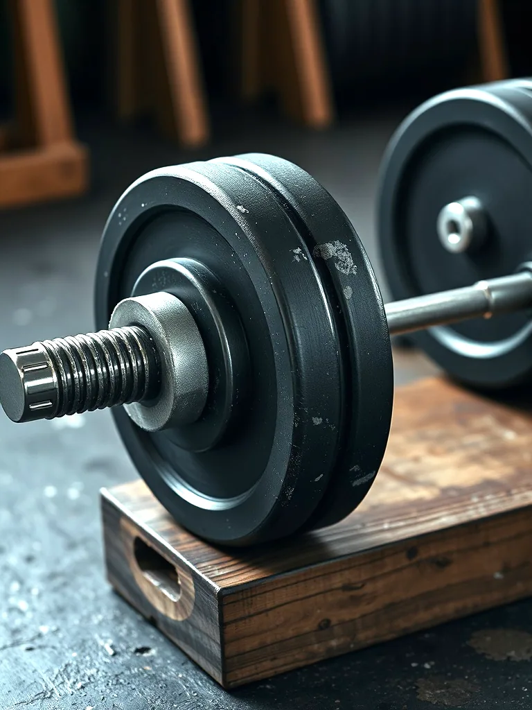 The loaded end of a barbell resting on a wooden block, black plates and chalk dust on a scuffed floor