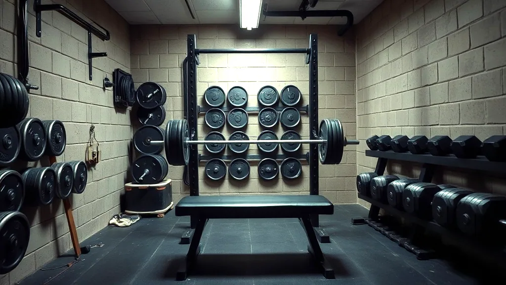 A small weight room with a black power rack holding a loaded barbell, a flat bench in front of it and racked iron plates and hex dumbbells along the block walls