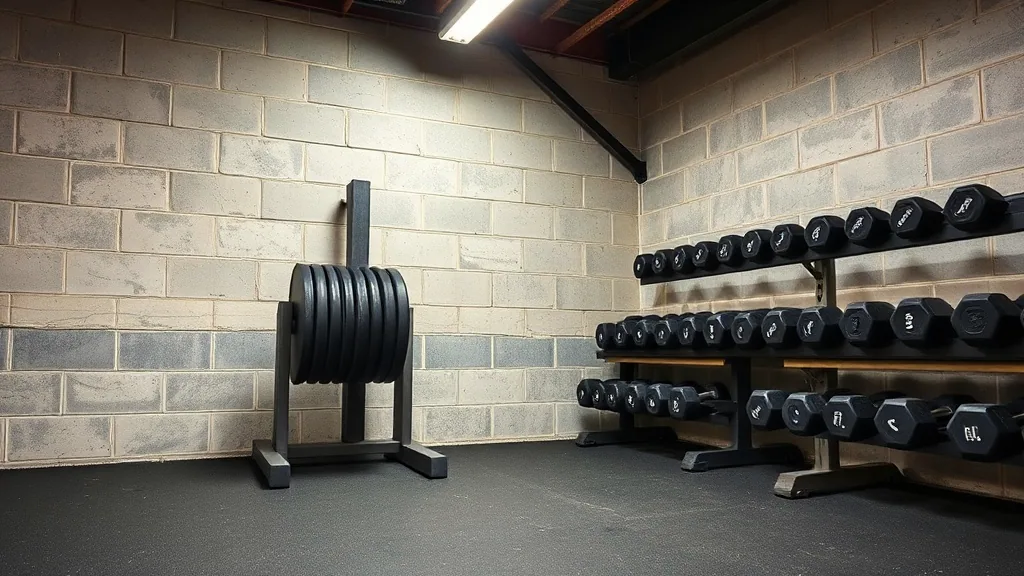 A loaded plate tree against a painted block wall beside two tiers of black rubber hex dumbbells on a steel rack