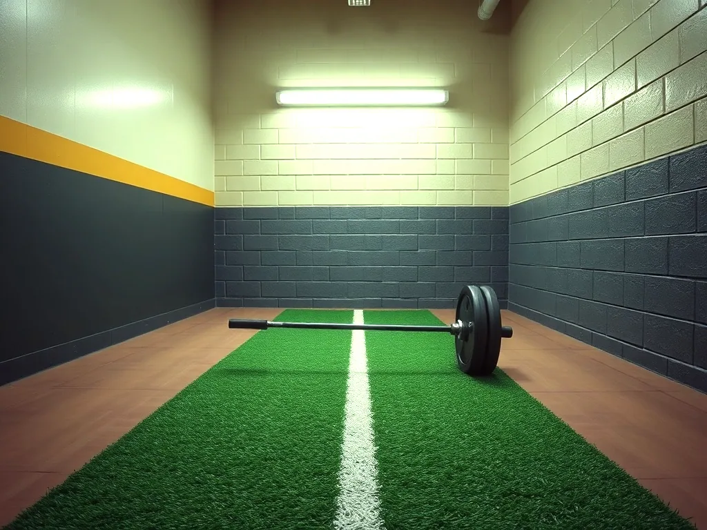 A strip of green artificial turf with a white line down the middle running along a block wall, a bare barbell lying across it